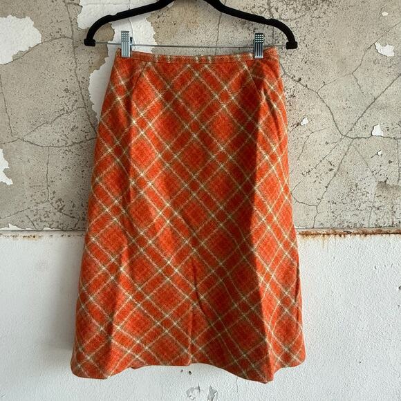 Vintage Dresses & Skirts - Vintage Skirt Plaid Wool A-Line Midi High Waist 1970s Mod Preppy Fall Workwear